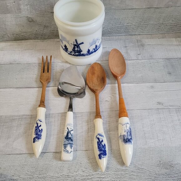 Vintage Delft Dutch Windmill Utensil Set With Ceramic Holder - Picture 1 of 16